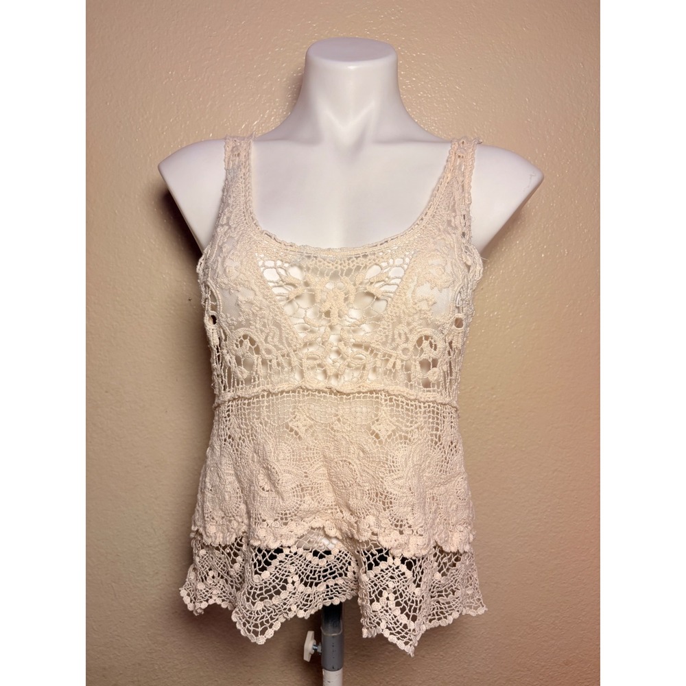 Y2K Double Zero Coquette Cream Crochet Lace Tank Top Boho Sleeveless #11